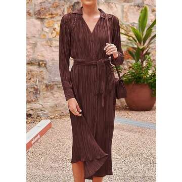 KIRUNDO Womens 2024 Spring Fall Long Sleeve Midi Dress Button Down Pleated Shirt Casual V Neck Tie Waist Elegant Dresses(Dark Brown, Medium)