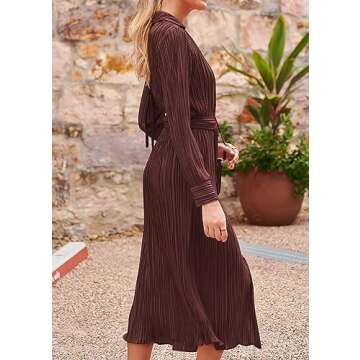 KIRUNDO Womens 2024 Spring Fall Long Sleeve Midi Dress Button Down Pleated Shirt Casual V Neck Tie Waist Elegant Dresses(Dark Brown, Medium)