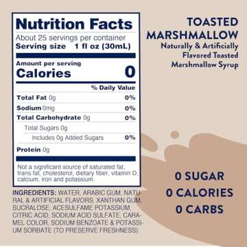 Jordan's Skinny Syrups Sugar Free Coffee Syrup, Toasted Marshmallow Flavor Drink Mix, Zero Calorie Flavoring for Chai Latte, Protein Shake, Food & More, Gluten Free, Keto Friendly, 25.4 Fl Oz, 1 Pack