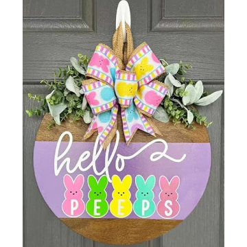 Easter Door Decorations Bunny Decor, Easter Bunny Welcome Wreath Sign for Front Door, Wooden Door Ha...