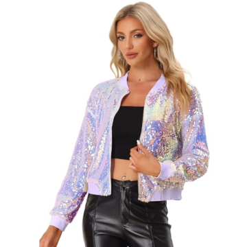 Allegra K Women's Sequin Jacket Casual Long Sleeve Zipper Fall Winter Shiny Glitter Sparkly Bomber J...