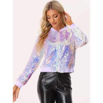 Allegra K Women's Sequin Jacket Casual Long Sleeve Zipper Fall Winter Shiny Glitter Sparkly Bomber Jackets Medium Pink Purple
