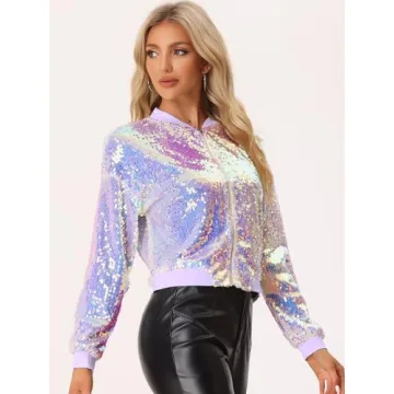 Allegra K Women's Sequin Jacket Casual Long Sleeve Zipper Fall Winter Shiny Glitter Sparkly Bomber Jackets Medium Pink Purple