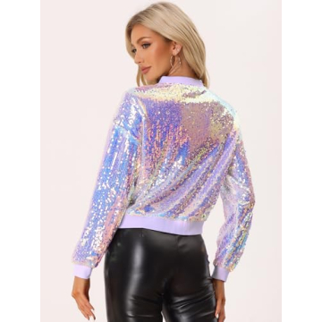 Allegra K Women's Sequin Jacket Casual Long Sleeve Zipper Fall Winter Shiny Glitter Sparkly Bomber Jackets Medium Pink Purple