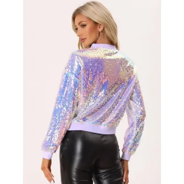 Allegra K Women's Sequin Jacket Casual Long Sleeve Zipper Fall Winter Shiny Glitter Sparkly Bomber Jackets Medium Pink Purple
