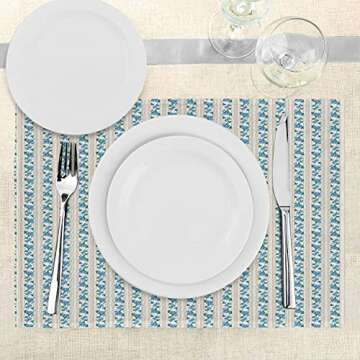 Ambesonne Ivory and Blue Place Mats Set of 4, Romantic Roses with Retro Stripped Background Vertical Illustration, Washable Fabric Placemats for Dining Room Kitchen Table Decor, Ivory Blue Green