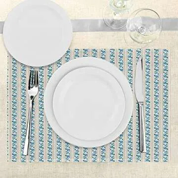 Ambesonne Ivory and Blue Place Mats Set of 4, Romantic Roses with Retro Stripped Background Vertical Illustration, Washable Fabric Placemats for Dining Room Kitchen Table Decor, Ivory Blue Green