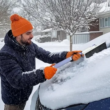 3-in-1 Extendable Ice Scraper and Snow Brush for Car Windshield - 33.8" Car Snow Brush and Ice Scraper with 360° Rotating Head, Durable Aluminum Body, Foam Grip, Snow Brush for SUV, Cars & Trucks
