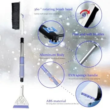 3-in-1 Extendable Ice Scraper and Snow Brush for Car Windshield - 33.8" Car Snow Brush and Ice Scraper with 360° Rotating Head, Durable Aluminum Body, Foam Grip, Snow Brush for SUV, Cars & Trucks