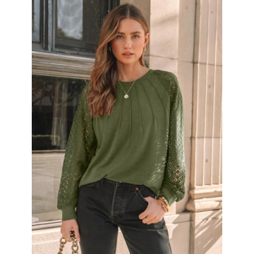 AUTOMET Women’s Long Sleeve Lace Sleeve Knit Top - Business Casual Blouse for Fall Fashion