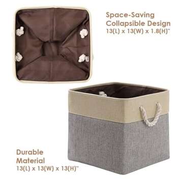 DECOMOMO Cube Storage Organizer Bins | Box Storage Cube Basket with Handles Fabric Cloth Bins for Organizing Shelf Nursery Home Closet (Grey & Beige, 13 x 13 x 13 inch - 3 Pack)