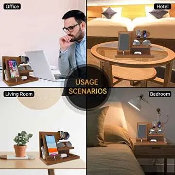 Iswabard Birthday Gifts for Men Desk Organizer Wood Gift for Dad Husband Wood Phone Docking Station Organizer Men Birthday Nightstand Cool Mens Gifts Night Stand Docking Station