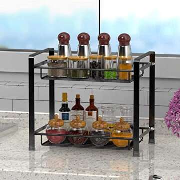 iSPECLE Spice Rack, 2-Tier Kitchen Bathroom Organizer Countertop Storage Shelf Holder Standing Rack, Black