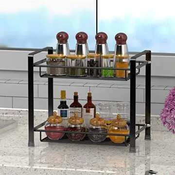 iSPECLE Spice Rack, 2-Tier Kitchen Bathroom Organizer Countertop Storage Shelf Holder Standing Rack, Black