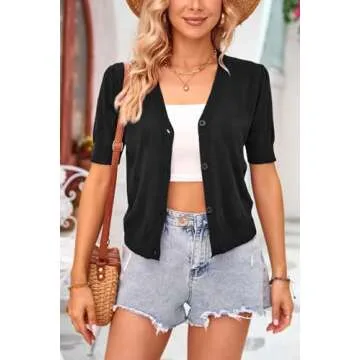 Arach&Cloz Womens Cardigans Summer 2024 Cropped Lightweight Short Sleeve Sweater Bolero Shrugs Tops Casual Dressy Trendy Plus Size Valentines Kimono Cozy Clouds Black