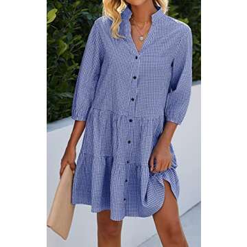 CCTOO Women's Summer Mini Dresses: Casual V Neck 3/4 Sleeve Button Down Loose Swing Short Shirt Shif...
