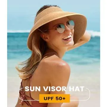 Sun Visor Hats for Women, Wide Brim Straw Beach Ponytail Hats, UPF 50+ Summer Packable Foldable Roll up Topless Hat
