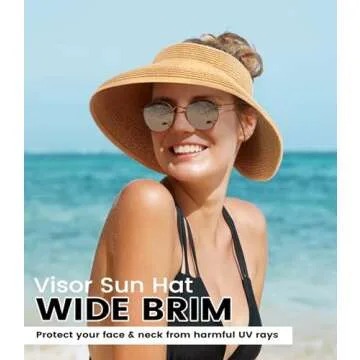 Sun Visor Hats for Women, Wide Brim Straw Beach Ponytail Hats, UPF 50+ Summer Packable Foldable Roll up Topless Hat