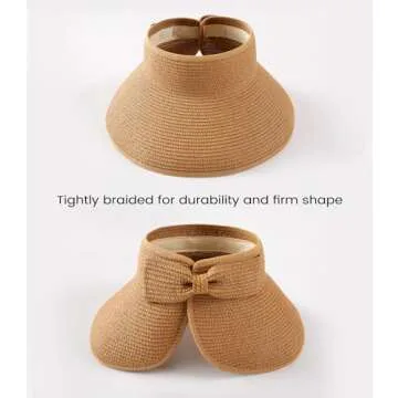 Sun Visor Hats for Women, Wide Brim Straw Beach Ponytail Hats, UPF 50+ Summer Packable Foldable Roll up Topless Hat