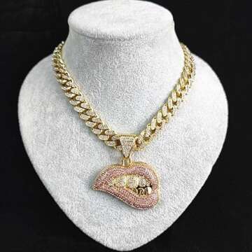 HUYHOAT Men Women Hip Hop Bite Lip Shape Pendant Necklace with 13mm Crystal Chain Iced Out Bling Hip...