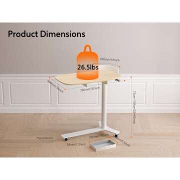 Portable Adjustable Rolling Desk with Drawer and Wheels