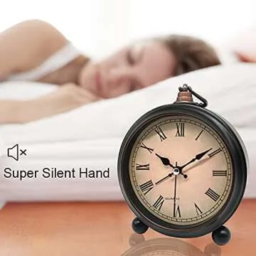 Vintage Retro Analog Alarm Clock, 4 inch Super Silent Non Ticking Small Clock with Night Light, Battery Operated, Simply Design, for Living Room, Bedroom, Bedside, Desk, Gift Clock (Roman)
