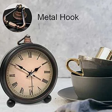 Vintage Retro Analog Alarm Clock, 4 inch Super Silent Non Ticking Small Clock with Night Light, Battery Operated, Simply Design, for Living Room, Bedroom, Bedside, Desk, Gift Clock (Roman)