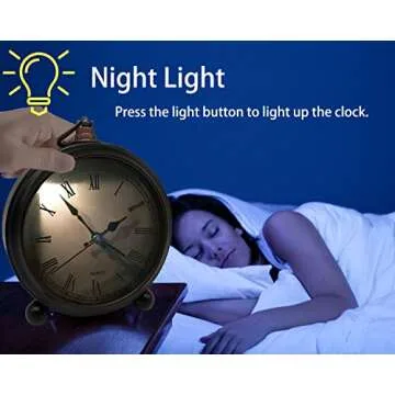 Vintage Retro Analog Alarm Clock, 4 inch Super Silent Non Ticking Small Clock with Night Light, Battery Operated, Simply Design, for Living Room, Bedroom, Bedside, Desk, Gift Clock (Roman)