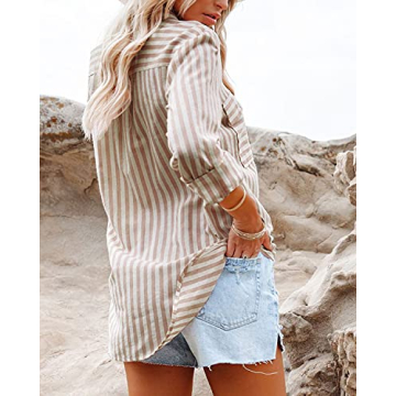 OMSJ Women's Lightweight Striped V Neck Button Down Shirt