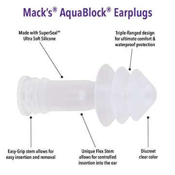 Mack's AquaBlock Swimming Earplugs, 3 Pair - Comfortable, Waterproof, Reusable Silicone Ear Plugs fo...