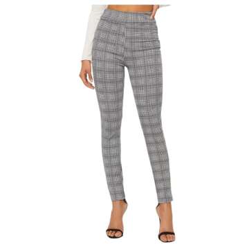 SweatyRocks Women's Casual Skinny Leggings Stretchy High Waisted Work Pants Black White Plaid Small