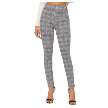 SweatyRocks Women's Casual Skinny Leggings Stretchy High Waisted Work Pants Black White Plaid Small