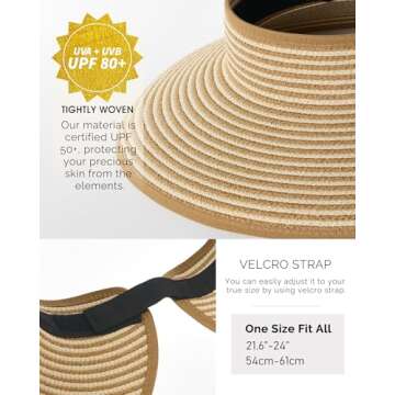 FURTALK Sun Visor Hats for Women Wide Brim Straw Ponytail Summer Beach Hat UV UPF Packable Foldable Travel