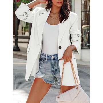 MASCOMODA Casual Blazer Jackets for Women 2024 Fall Long Sleeve Open Front Button Work Office Suit Jacket with Pockets(White,X-Large)
