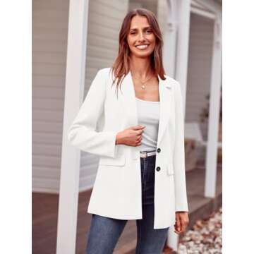 MASCOMODA Casual Blazer Jackets for Women 2024 Fall Long Sleeve Open Front Button Work Office Suit Jacket with Pockets(White,X-Large)