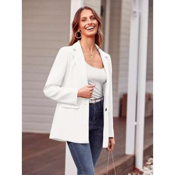MASCOMODA Casual Blazer Jackets for Women 2024 Fall Long Sleeve Open Front Button Work Office Suit Jacket with Pockets(White,X-Large)