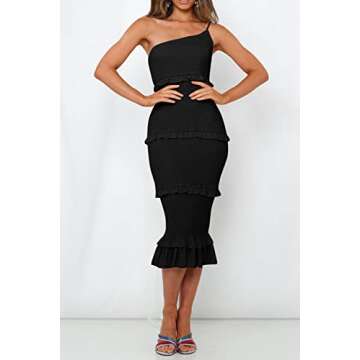 PRETTYGARDEN Women's Summer Midi Bodycon Dresses One Shoulder Strappy Tiered Ruffle Floral Boho Sun ...