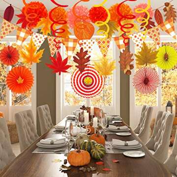 Supla 40 Pack Fall Party Decorations Set – Includes Autumn Hanging Paper Fans Pom Poms Fall Maple Leaves Party Swirls Streamers Fall Banner Backdrop Garland String for Thanksgiving Wedding Birthday