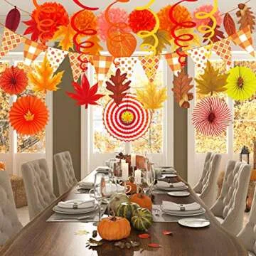 Supla 40 Pack Fall Party Decorations Set – Includes Autumn Hanging Paper Fans Pom Poms Fall Maple Leaves Party Swirls Streamers Fall Banner Backdrop Garland String for Thanksgiving Wedding Birthday