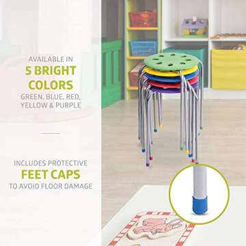 Pearington Plastic Classroom Stools for Kids, Multipurpose Stool Chairs, Flexible Seating, Stacking Stools, Stainless Steel Legs - Set of 5, Multi-Color