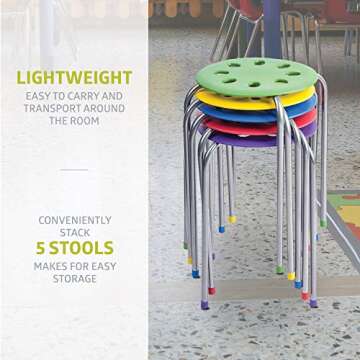Pearington Plastic Classroom Stools for Kids, Multipurpose Stool Chairs, Flexible Seating, Stacking Stools, Stainless Steel Legs - Set of 5, Multi-Color