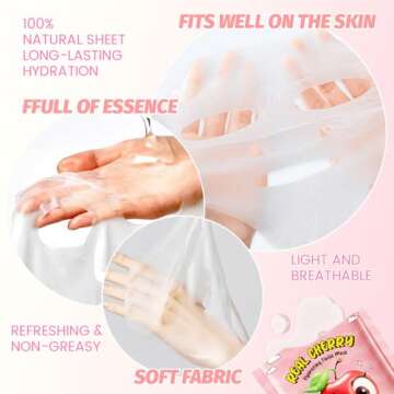 Kaely 10 Pack Cherry Face Masks for Kids, Spa Party Facial Mask Skincare Set, Sheet Masks Skin Care, Moisturize Soothe for All Skin Types, Christmas Birthday Gifts for Women Men Girls, 06