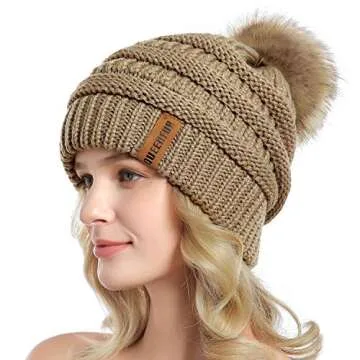 QUEENFUR Women Knit Slouchy Beanie with Faux Fur Pompom - Cozy Winter Must-Have