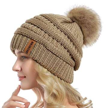 QUEENFUR Women Knit Slouchy Beanie Chunky Baggy Hat with Faux Fur Pompom Winter Soft Warm Ski Cap
