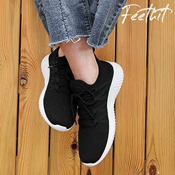 Feethit Womens Slip On Running Shoes Non Slip Walking Shoes Lightweight Gym Workout Shoes Breathable Fashion Sneakers All Black White Size 8