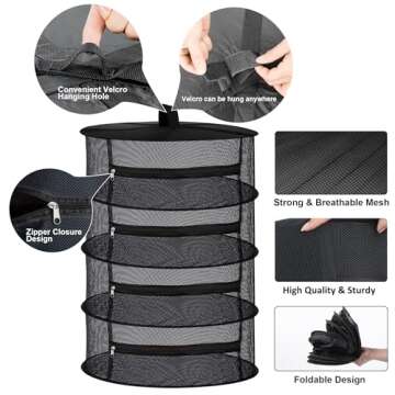 Desy & Feeci Herb Drying Rack- 4 Layer Folding Mesh Hanging Basket Dryer Net with Orange Zippers for Seeds Flowers Buds Plants Garden Outdoor Bumper Harvest(D24xH31 inch)