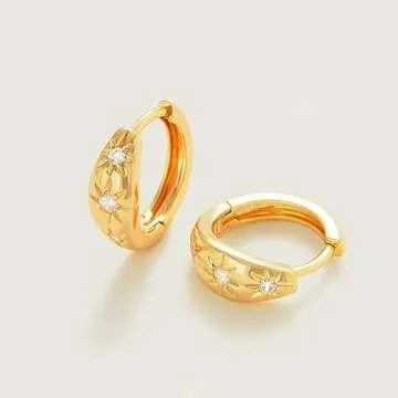 MEVECCO Gold Starburst Huggie Hoop Earrings 18K Gold Plated Chunky Dainty Ear Cute Small Sleeper Celestial CZ Mini Starburst Huggie Earring Tiny Minimalist Star Thick Round Hoop Earrings for Women
