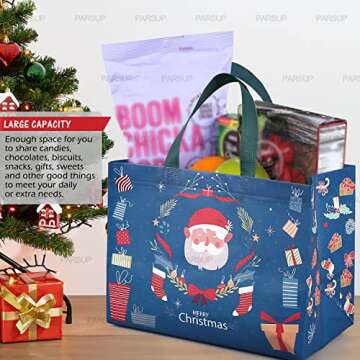 PARSUP 8PCS Christmas Gift Bags, Tote Bags with Handles, Treat Bags, Multifunctional Non-Woven Bags for Gifts Wrapping Shopping, Xmas Party Supplies, 12.8"×9.8"×6.7"