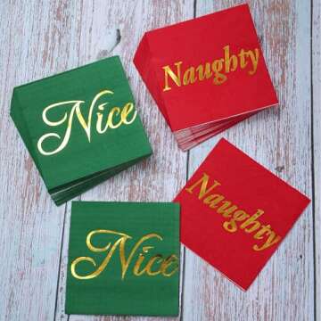 Aneco 60 Pack Naughty or Nice with Gold Foil Beverage Cocktail Napkins Red and Green Paper Napkins for Christmas Holidays Dinner Party Supplies with 2 Layers, 5 by 5 Inches