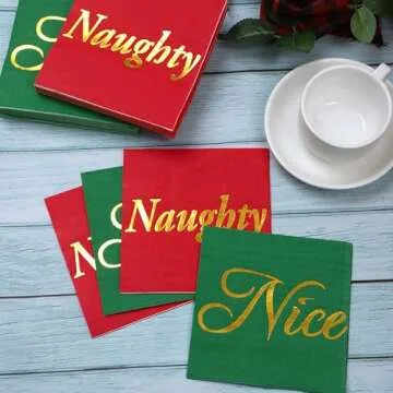 Aneco 60 Pack Naughty or Nice with Gold Foil Beverage Cocktail Napkins Red and Green Paper Napkins for Christmas Holidays Dinner Party Supplies with 2 Layers, 5 by 5 Inches
